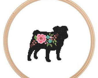 Pug Silhouette Cross Stitch Pattern floral roses Pet animal wall art Pug Dog cross stitch modern gift