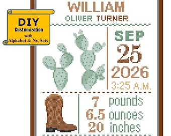 Cactus Birth Record Cross Stitch Birth Sampler Cross Stitch Baby DIY Pattern Cross Stitch cowboy Birth Announcement Cactus Desert