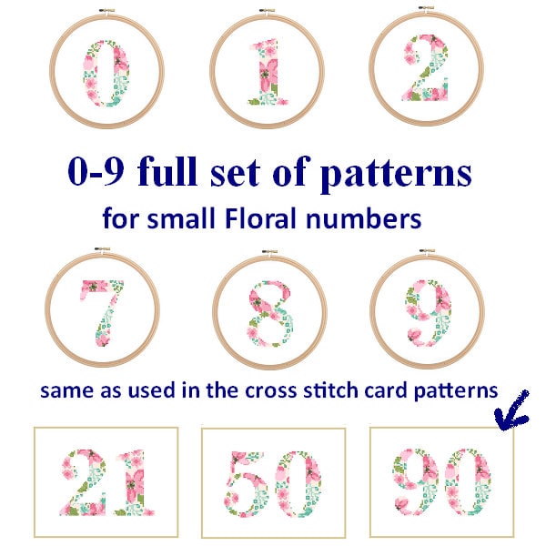 Small size Cross Stitch 0-9 numbers set Floral Number cross stitch Pattern 0 to 9 initial letter cross Birthday Wedding Anniversary