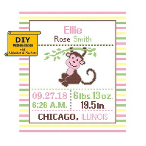 Monkey Birth announcement Pattern Cross Stitch Birth Announcement Cross Stitch Birth Record stripes Baby Girl Jungle Birth sampler woodland image 1