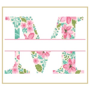 Floral Monogram M Cross Stitch Pattern M Initial M Letter cross stitch Baby birth nursery split letter cross Wedding Anniversary Wedding image 3