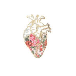 Floral Anatomical heart Cross Stitch Pattern cross stitch Floral heart Science geeky cross stitch floral cross stitch pattern image 1