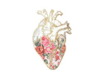 Floral Anatomical heart Cross Stitch Pattern cross stitch Floral heart Science geeky cross stitch floral cross stitch pattern