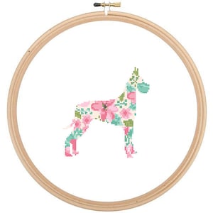 Great Dane Silhouette Cross Stitch Pattern Floral Water color effect Pet animal wall art Great Dane cross stitch modern gift image 1