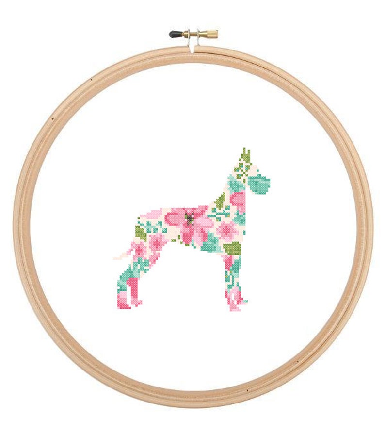 Great Dane Silhouette Cross Stitch Pattern Floral Water color effect Pet animal wall art Great Dane cross stitch modern gift image 1