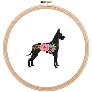 Great Dane Silhouette Cross Stitch Pattern Floral Pet animal wall art Dog cross stitch modern trendy great gift image 1