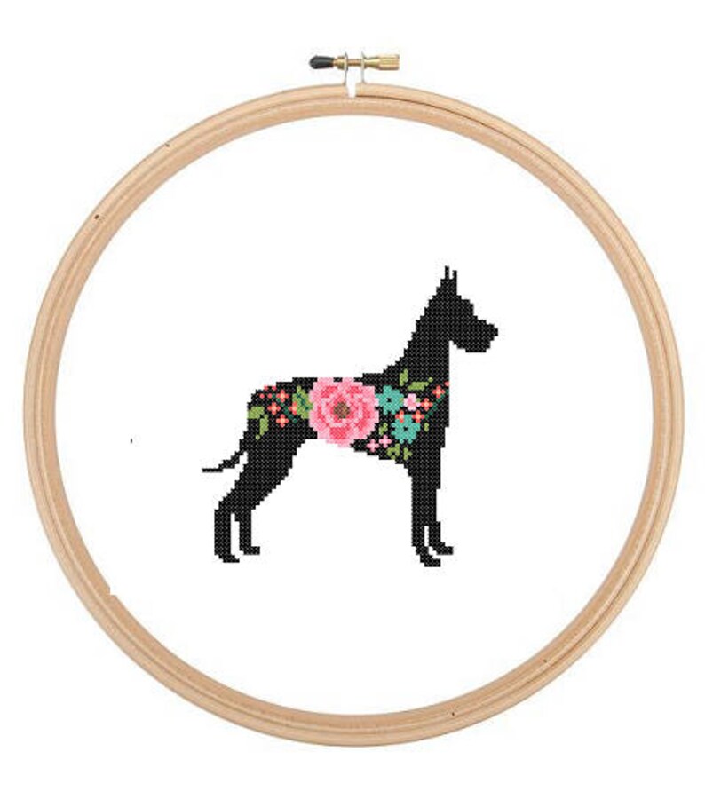 Great Dane Silhouette Cross Stitch Pattern Floral Pet animal wall art Dog cross stitch modern trendy great gift image 1