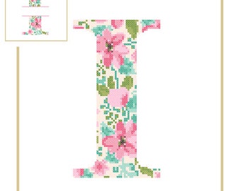 Floral Monogram I Cross Stitch Pattern I Initial I Letter cross stitch Baby birth nursery split letter cross Wedding Anniversary Wedding