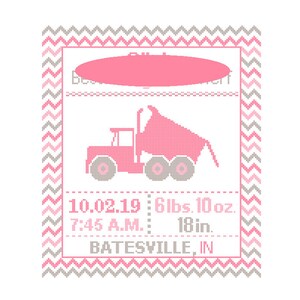 1 Custom Pattern Cross Stitch Birth Announcement Dump Truck Cross Stitch Birth Record Cross Stitch Baby Boy Dump Truck Nursery Transport image 7