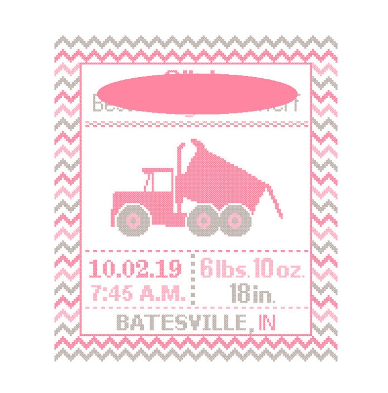 1 Custom Pattern Cross Stitch Birth Announcement Dump Truck Cross Stitch Birth Record Cross Stitch Baby Boy Dump Truck Nursery Transport image 7