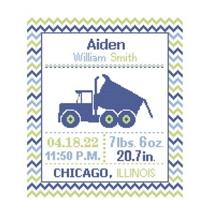 1 Custom Pattern Cross Stitch Birth Announcement Dump Truck Cross Stitch Birth Record Cross Stitch Baby Boy Dump Truck Nursery Transport image 1