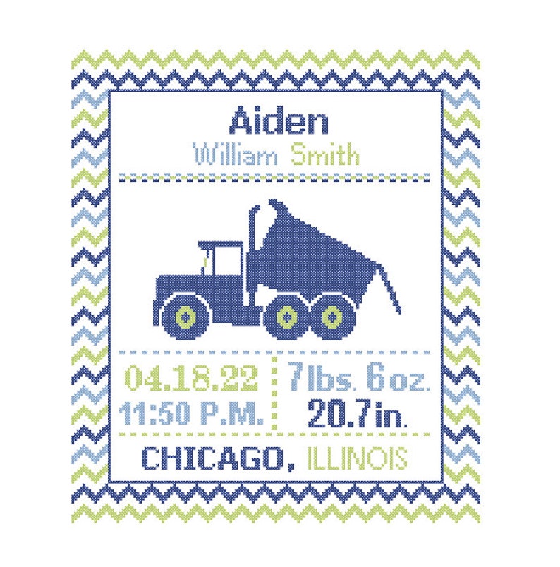 1 Custom Pattern Cross Stitch Birth Announcement Dump Truck Cross Stitch Birth Record Cross Stitch Baby Boy Dump Truck Nursery Transport image 1