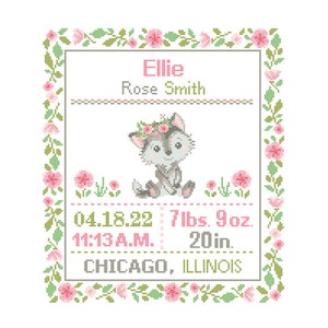 Custom Pattern Cross Stitch Floral Wolf Birth Announcement Cross Stitch Birth Record Cross Stitch Baby Boy Girl Wolf Pink Blue