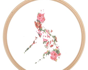 Philippines Map Cross Stitch Pattern modern cross stitch pattern Floral cross stitch globe wall art gift Girl Boy Men and Women