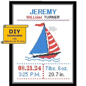 Yacht Cross Stitch Birth Announcement Cross Stitch Birth Record Cross Stitch Baby Boy Sailboat Nursery Nautical cross stitch nursery sampler image 1