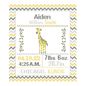 Custom Pattern Cross Stitch Birth Announcement Cross Stitch Birth Record Cross Stitch Baby Boy Girl Giraffe Yellow Gray Nursery chevron image 1