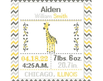 Custom Pattern Cross Stitch Birth Announcement Cross Stitch Birth Record Cross Stitch Baby Boy Girl Giraffe Yellow Gray Nursery chevron