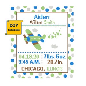 Airplane Cross Stitch Birth Announcement Cross Stitch Birth Record Polka Dots Baby Boy Airplane Nursery stitch pattern birth sampler