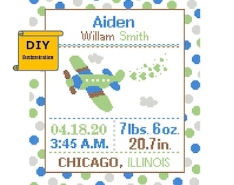 Airplane Cross Stitch Birth Announcement Cross Stitch Birth Record Polka Dots Baby Boy Airplane Nursery stitch pattern birth sampler