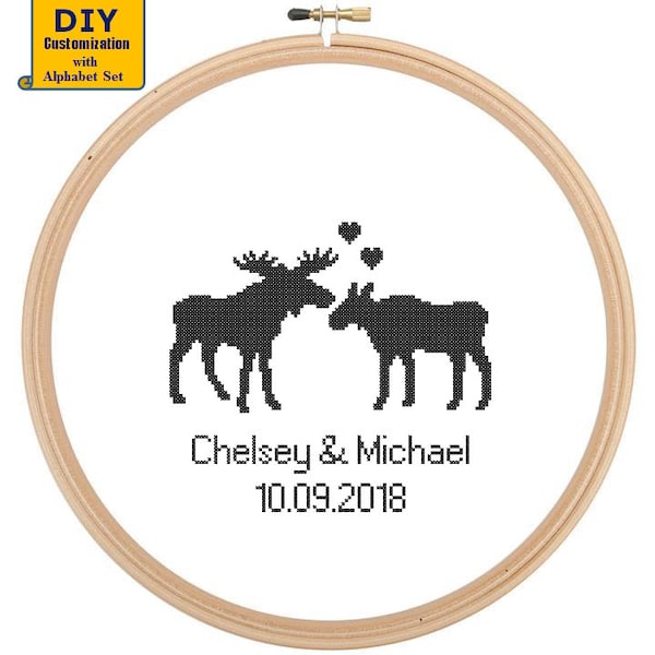 Moose Wedding cross stitch DIY customizable Pattern Modern Wedding cross stitch Couple Wedding Record Deer Sampler Wedding Anniversary