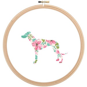 Lévrier Silhouette point de croix motif Floral eau couleur effet animal de compagnie mur art chien point de croix moderne à la mode grand cadeau