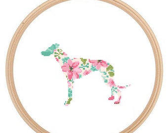 Greyhound Silhouette Cross Stitch Pattern Floral Water color effect Pet animal wall art Dog cross stitch modern trendy great gift