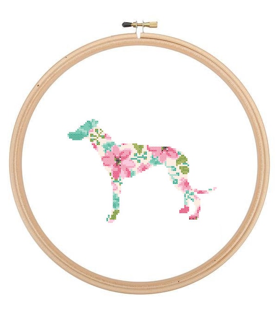 Greyhound Silhouette Cross Stitch Pattern Floral Water color effect Pet animal wall art Dog cross stitch modern trendy great gift