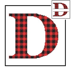 Op de afbeelding: Rode en zwarte buffalo plaid letter D. De letter is omrand met zwart en is gecentreerd op een witte achtergrond.