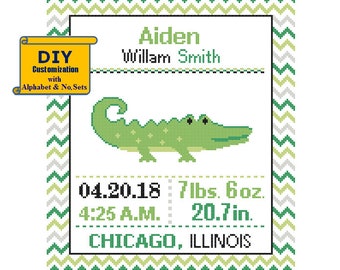 Alligator Cross Stitch Birth Announcement cross Stitch Birth Record alligator cross stitch Green lime Baby Boy Nursery animal cross pattern