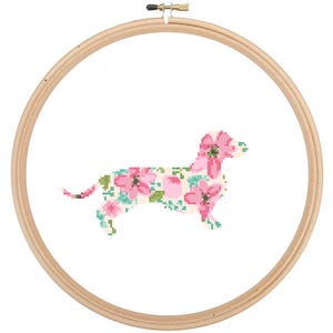 Dachshund Dog Silhouette Cross Stitch Pattern Floral Water color effect Pet animal wall art Dog cross stitch modern trendy great gift image 1