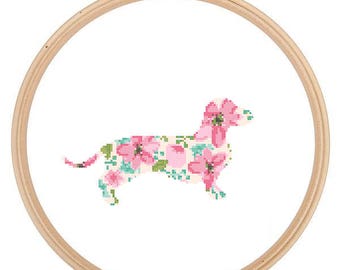 Dachshund Dog Silhouette Cross Stitch Pattern Floral Water color effect Pet animal wall art Dog cross stitch modern trendy great gift