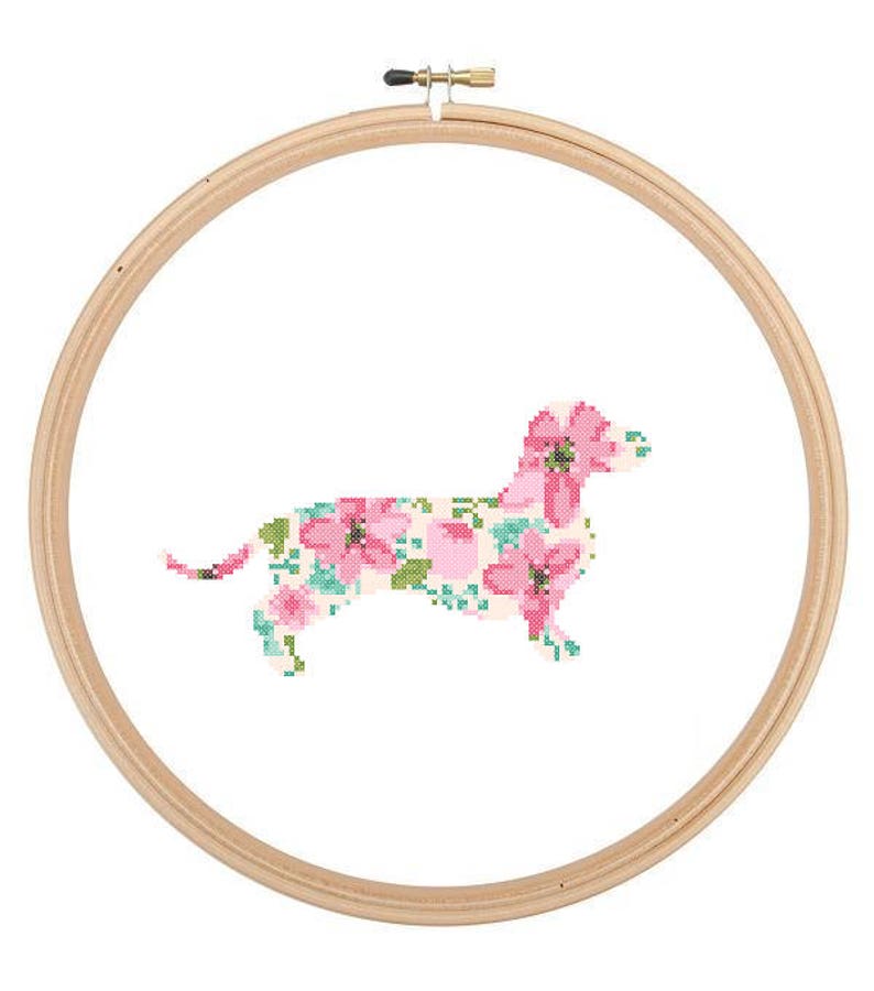 Dachshund Dog Silhouette Cross Stitch Pattern Floral Water color effect Pet animal wall art Dog cross stitch modern trendy great gift image 1