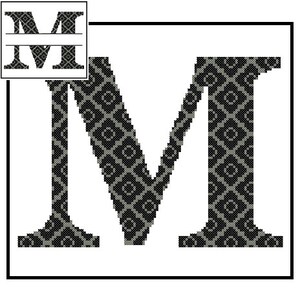 Op de afbeelding: Zwart-witte gepatroneerde letter M. De letter is gevuld met een herhalend geometrisch ontwerp.