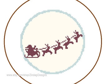 Instant Download Cross Stitch Pattern Merry Christmas Santa sled with reindeers moon backdrop night sky cute greeting cards great gift