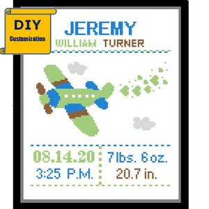 Green Airplane Cross Stitch Birth Announcement Cross Stitch Birth Record Cross Stitch Baby Boy Airplane Nursery aeroplane birth sampler