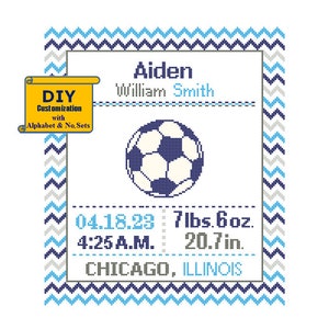 Soccer Birth sampler Cross Stitch Birth Announcement Cross Stitch Birth Record Baby Boy Football Sports Nursery Navy green ball pattern zdjęcie 5