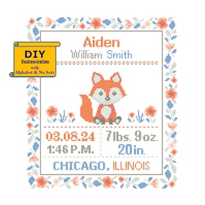Faire-part de naissance renard point de croix Carte de naissance florale pour bébé renard Échantillon de naissance Forêt des bois