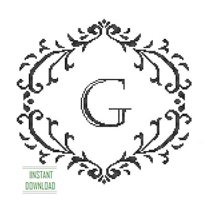 May include: Black and white cross stitch pattern of the letter G in a decorative frame. The frame is made of stylized floral designs.