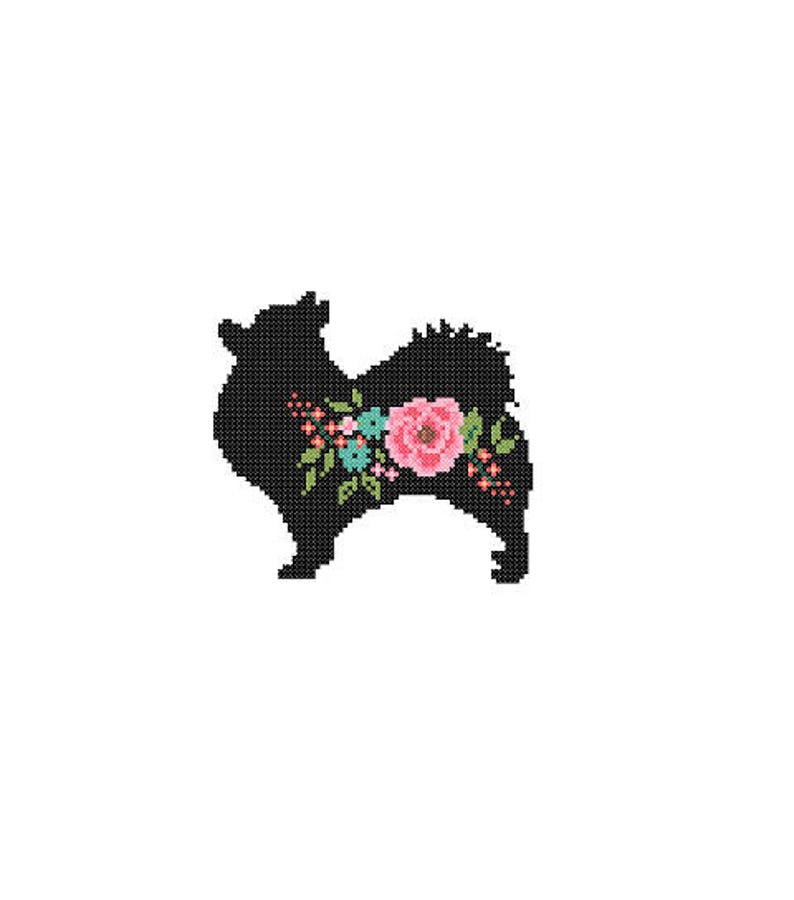 Pomeranian Silhouette Cross Stitch Pattern Floral Pet animal wall art Dog cross stitch modern trendy great gift image 2