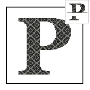 May include: Black and white patterned letter P. The letter is in a square frame.