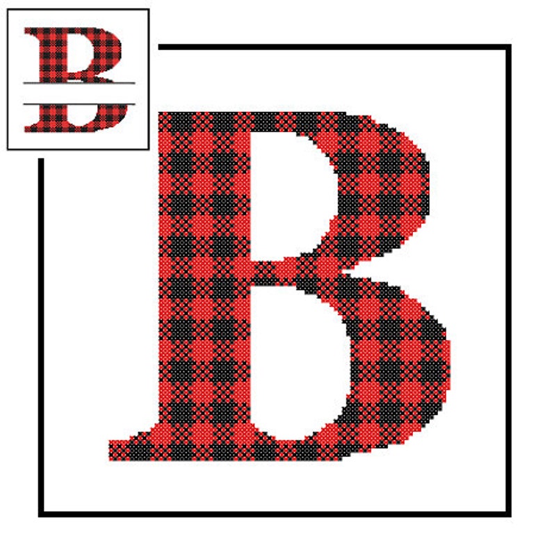 Buffalo Plaid Monogram B Cross Stitch Pattern B Initial B Letter cross stitch Wedding Gift split letter cross Wedding Record Anniversary image 1