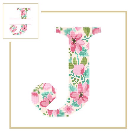 Floral Monogram J Cross Stitch Pattern J Initial J Letter Cross Stitch ...