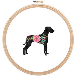 Natural ears Great Dane Silhouette Cross Stitch Pattern Floral Pet animal wall art Dog cross stitch modern trendy great gift image 1