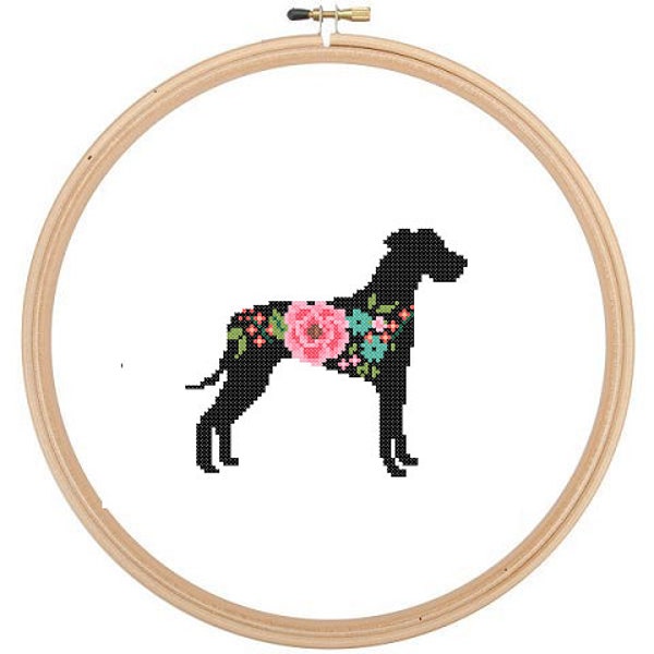 Natural ears Great Dane Silhouette Cross Stitch Pattern Floral Pet animal wall art Dog cross stitch modern trendy great gift