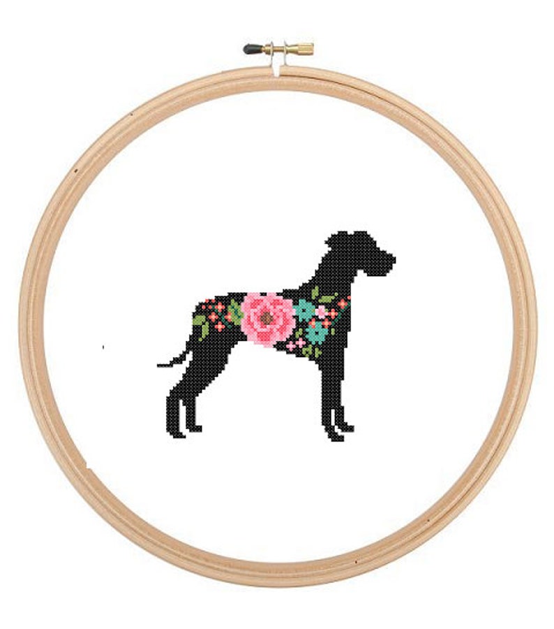 Natural ears Great Dane Silhouette Cross Stitch Pattern Floral Pet animal wall art Dog cross stitch modern trendy great gift image 1