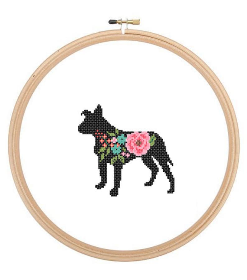 Floppy Ears Pitbull Silhouette Cross Stitch Pattern Floral roses Pet animal wall art Dog cross stitch modern trendy great gift 画像 1