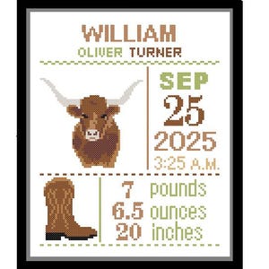 May include: Cross-stitch artwork featuring a brown longhorn, a cowboy boot, and the name "WILLIAM OLIVER TURNER." Includes birth details: September 25, 2025, 3:25 A.M., 7 pounds, 6.5 ounces, and 20 inches.
