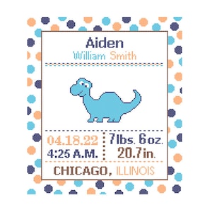 1 Cross Stitch custom Pattern Baby Boy/Girl Personalised Birth Announcement Birth Record Dinosaur Blue, Orange Gray Jungle Nursery polka dot image 1