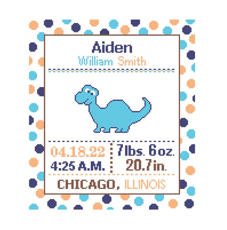 1 Cross Stitch custom Pattern Baby Boy/Girl Personalised Birth Announcement Birth Record Dinosaur Blue, Orange Gray Jungle Nursery polka dot image 1