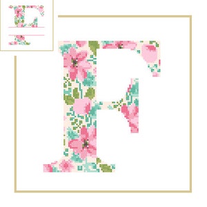 Florales Monogramm F Kreuzstichmuster F Initiale F Buchstabe Kreuzstich Baby Geburt Kinderzimmer geteilter Buchstabe Kreuz Hochzeit Jahrestag Hochzeit